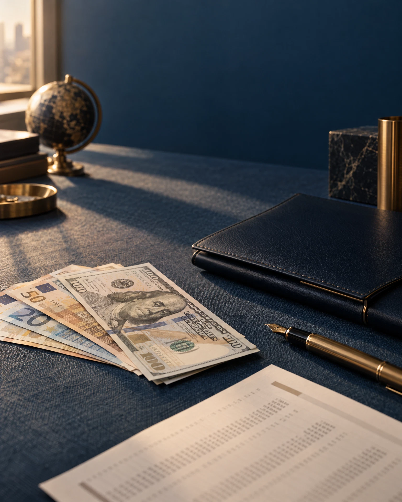 Cédulas de dólar e euro, caneta-tinteiro e livro-razão sobre mesa azul-marinho