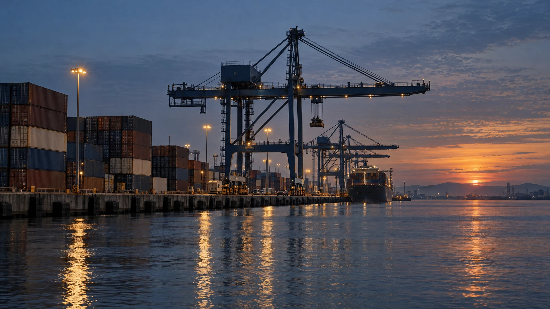 Porto de contêineres ao entardecer, com guindaste e navios