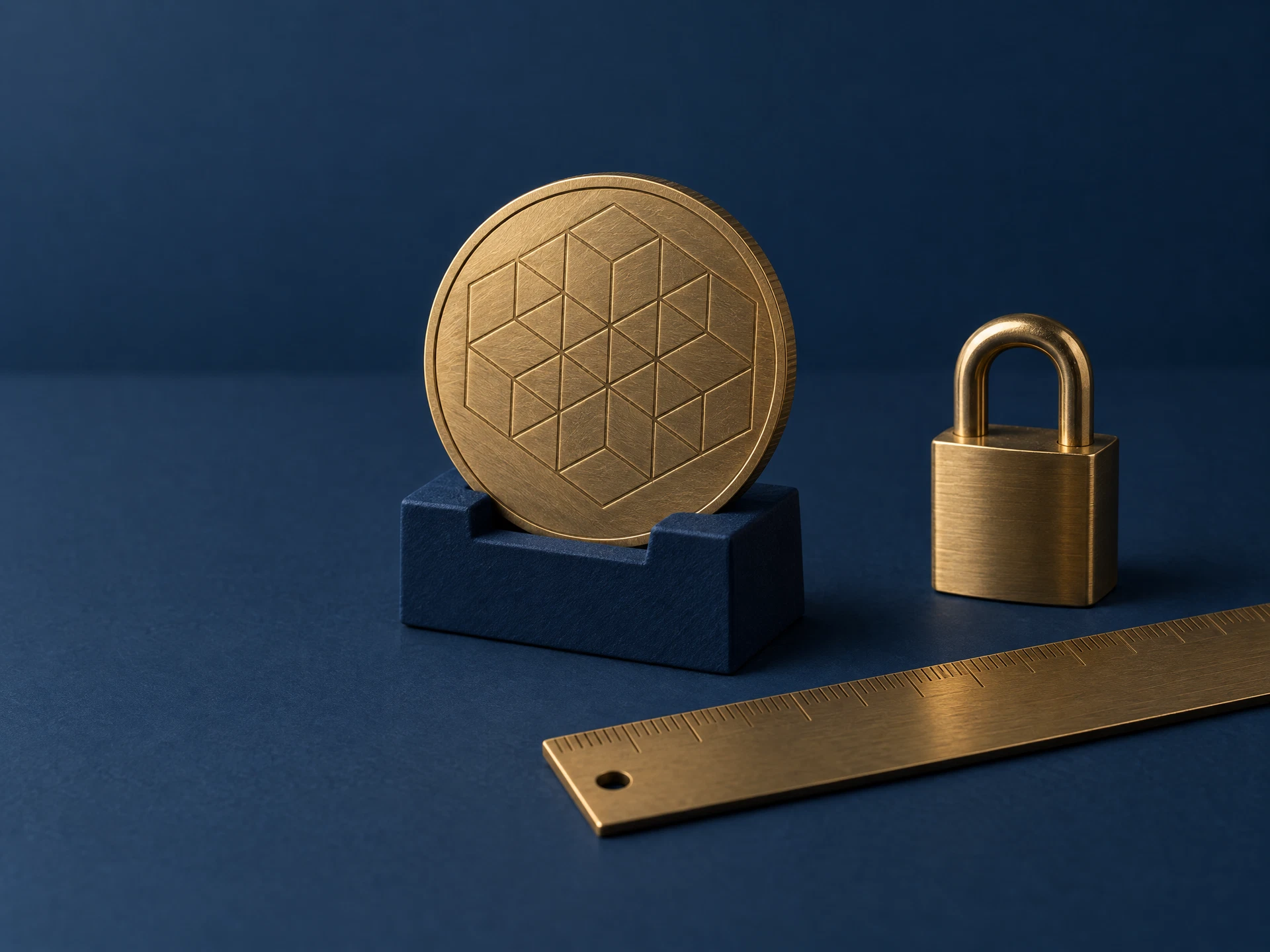 Moeda de bronze com padrão geométrico gravado, sobre suporte azul-marinho